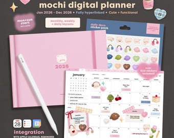 2026 Mochi Digital Planner for GoodNotes, Monthly Weekly Daily Planning, Integration, Stickers, Notebook