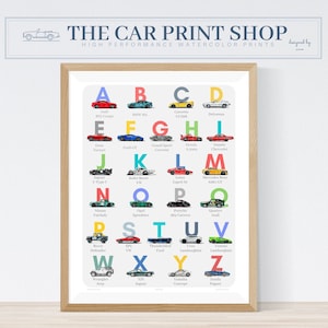 Car Alphabet Print, Classic Car Alphabet, ABC Vintage Car Print, Kids Room Wall Decor, ABC Transportation, Classroom Art