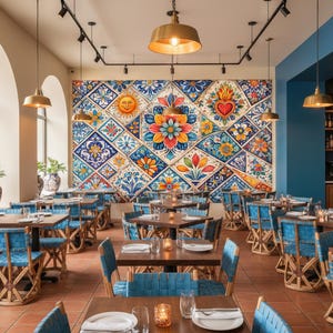 Op de afbeelding: Interieur van een restaurant met een decoratieve muurschildering met kleurrijke bloemen- en geometrische patronen. De ruimte omvat houten tafels, blauwe geweven stoelen en hanglampen, wat een warme sfeer creëert.