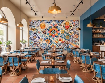 Colorful Talavera Tile Mural, Sacred Heart Floral Pattern, Peel and Stick Wallpaper