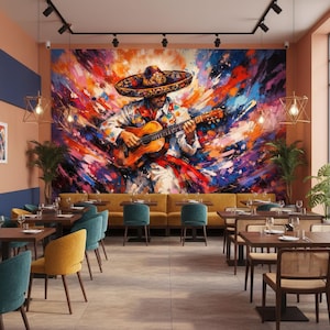 May include: A vibrant mural depicts a musician in a sombrero playing a guitar, set against a backdrop of colorful brushstrokes. The restaurant interior features tables, chairs, and decorative lighting, creating a warm and inviting atmosphere.