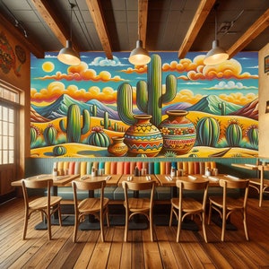 May include: A colorful mural depicting a desert landscape with cacti and pottery. The mural is behind a dining area with wooden tables and chairs.