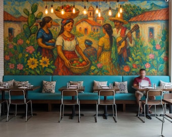 Mexican Folk Mural Wallpaper - Peel and Stick Village Life Wall Art