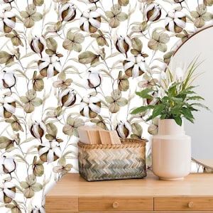 Cotton Flower Wallpaper: Watercolor Floral Wall Mural, Peel and Stick