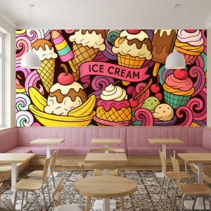 May include: A colorful cartoon mural featuring ice cream cones, sundaes, and other sweet treats. The mural is painted on a wall in a cafe with pink booths and wooden tables and chairs.