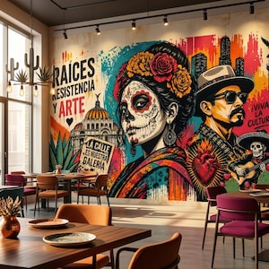 Mexican Street Art Mural, Día de los Muertos Graffiti Peel & Stick Wallpaper for Restaurants image 1