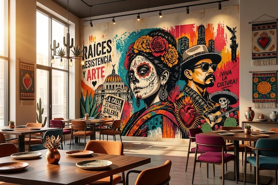 Mexican Street Art Mural, Día de los Muertos Graffiti Peel & Stick Wallpaper for Restaurants
