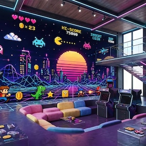 Retro Pixel Art Arcade Wallpaper, Game Room Mural (Peel and Stick)