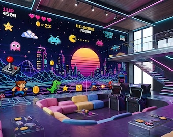 Retro Pixel Art Arcade Wallpaper, Game Room Mural (Peel and Stick)