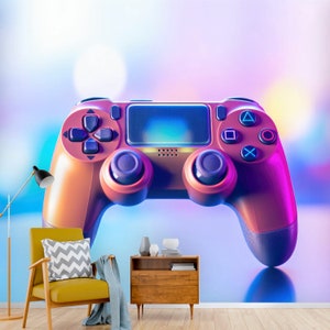 May include: A pink and purple video game controller with buttons and a touchpad. The controller is on a blue and purple background with blurred lights.