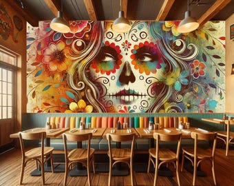 Sugar Skull Peel and Stick Wallpaper: Vibrant Floral Wall Art