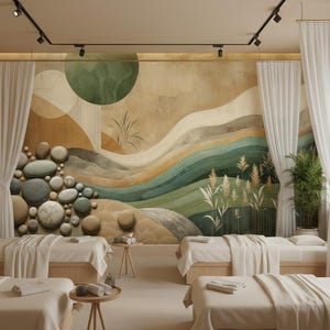 May include: A spa interior with four massage tables draped in white linens. The room features a mural with abstract landscape art in earthy tones, and tall white curtains. Potted plants and small side tables complete the serene setting.