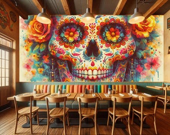Sugar Skull Peel and Stick Wallpaper: Vibrant Floral Wall Art