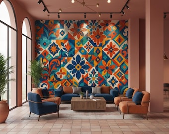 Vintage Talavera Tile Wallpaper Mural, Colorful Floral Peel & Stick Wall Decor