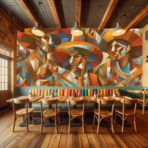 May include: A colorful geometric mural depicting three figures with large hats, set against a backdrop of a restaurant with wooden beams and a row of wooden tables and chairs.