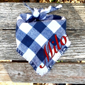 Buffalo Plaid BLUE JEAN & WHITE Dog Bandana Tie On Frayed Fringe Personalized Dog Bandana Embroidered Custom Name