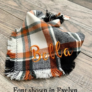 Personalized Dog Bandana * Embroidered * Custom Name * Tartan Plaid * SOFT * Tie On * Accessory* Frayed * Burnt Orange Gray Cream Black