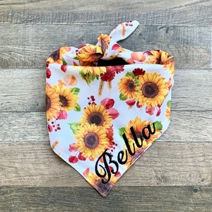 Sunflower Floral Dog Bandana "AUTUMN BLISS" LIMITED Edition Tie On Personalized Dog Bandana Embroidered Custom Name Bone Patch