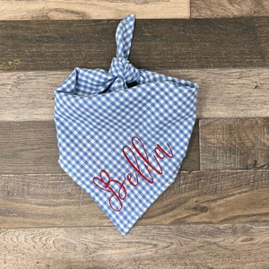 Blue & White Gingham * Personalized Dog Bandana * Lightweight* Embroidered * Dog Mom Gift * Tie On * Custom Name