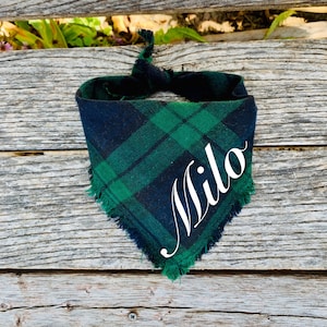 HUNTER GREEN & NAVY Plaid Personalized Dog Bandana Tie On Frayed Fringe Embroidered Custom Name