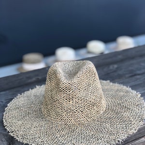 Handwoven Sun hat with frayed edge. Light weight, wide brim, sun hat, vacation hat, summer hat, beach hat, straw fedora  hat, UPF50,