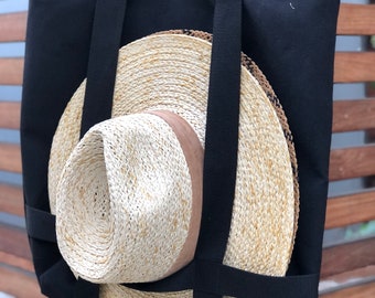 Hat tote bag , carry on , travel bag , vacation tote , canvas tote , tote bag, hat holder bag, black tote