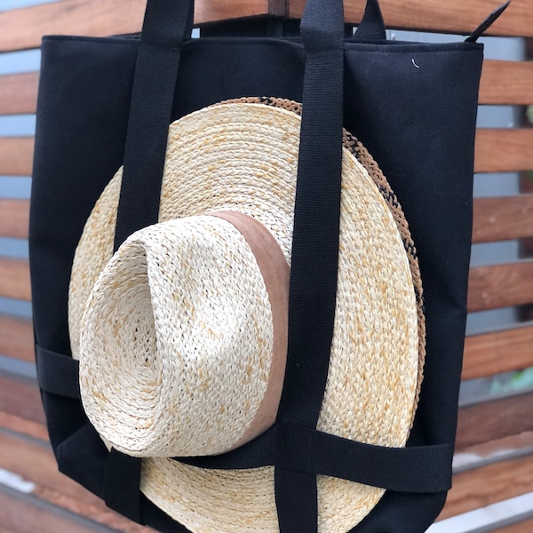 Hat tote bag , carry on , travel bag , vacation tote , canvas tote , tote bag, hat holder bag, black tote