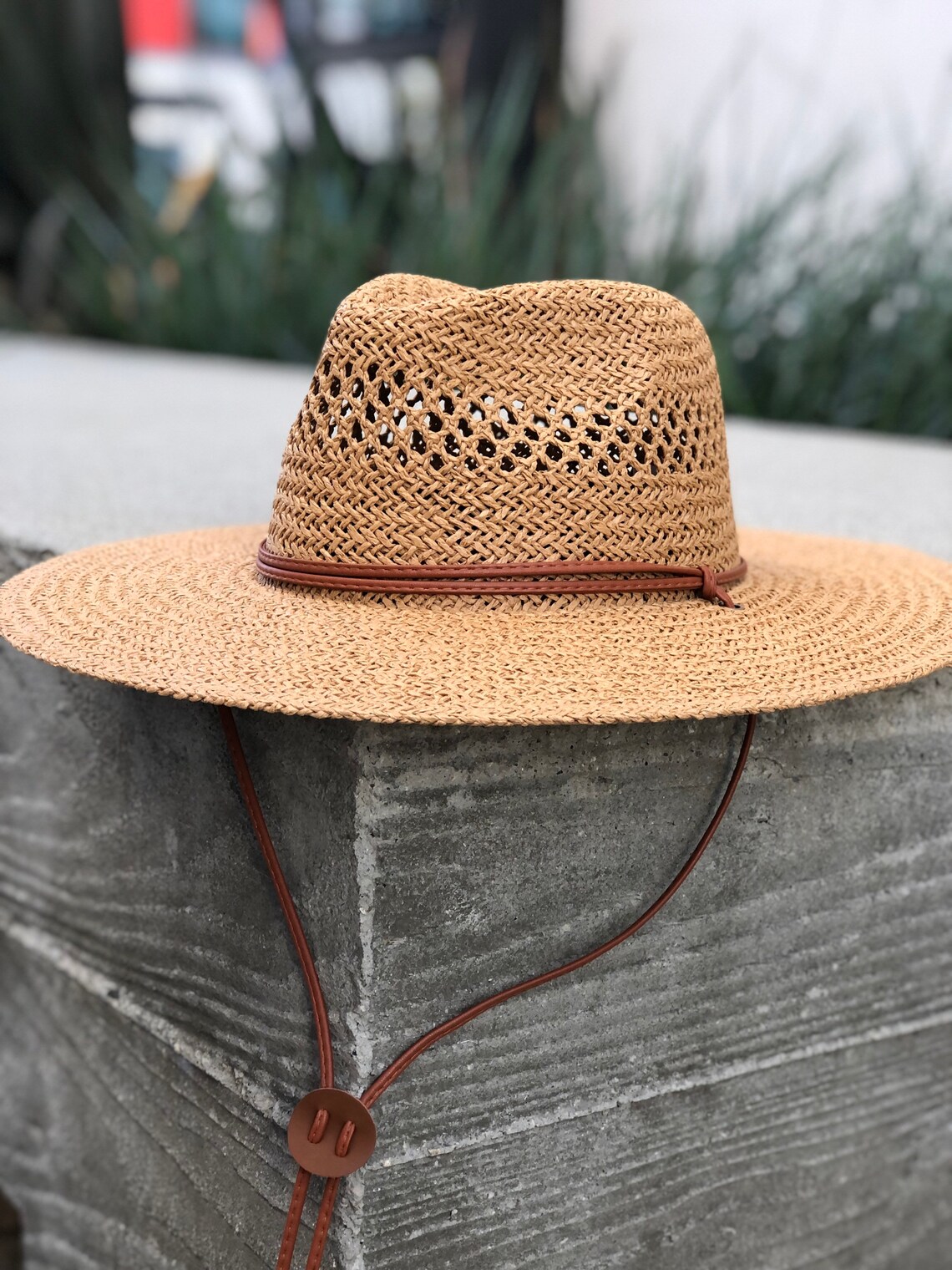 Straw Hat With Chin Strap Summer Fedora Wide Brim Sun Hat Etsy