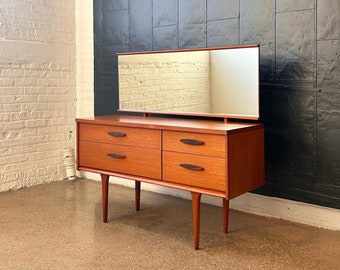 1960’s English Teak Dressing Buffet Credenza & Tilt Mirror by Frank Guille for Austinsuite.