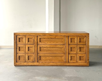 1970’s Oak 9-Drawer Dresser & 2-Drawer Nighstand Combo by Thomasville. Sold as a set.