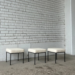 Set of 3 Vintage Iron Ottomans / Stools by Crawford Manufacturing ( 1950 ) Reupholstered In Ivory Cream Boucle