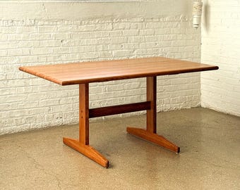 Vintage 1970’s Bevel Edge Solid Oak Trestle Dining Table.