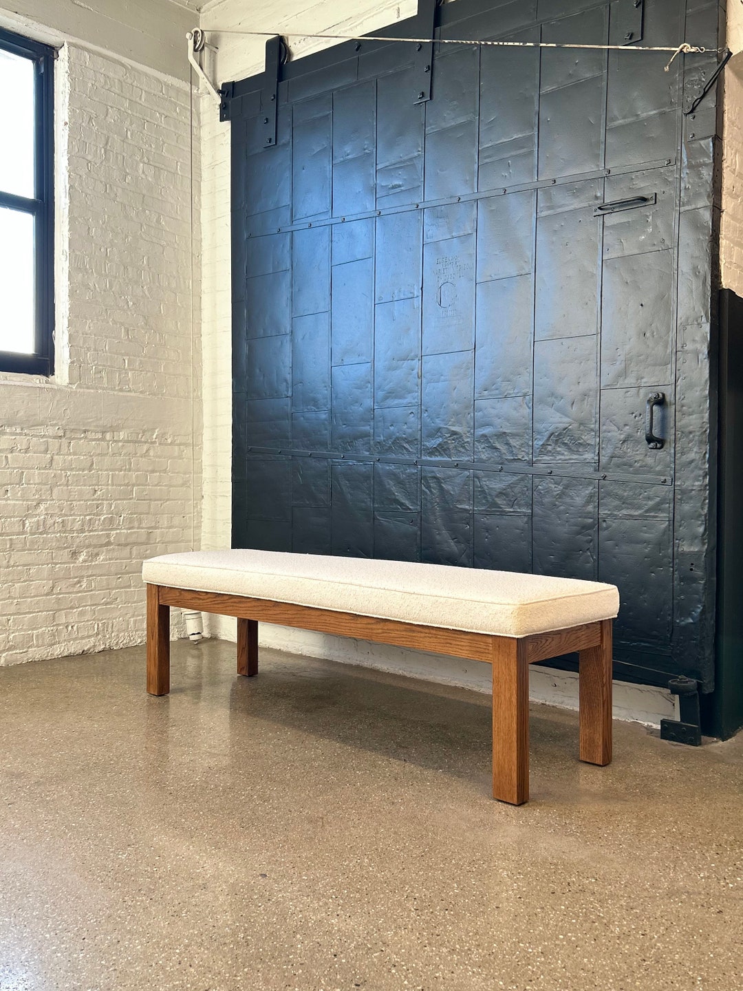 Vintage Chunky Solid Oak Library Gallery Bench Reupholstered in White ...