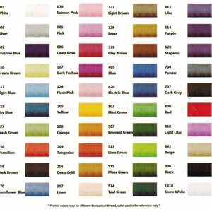May include: A color chart with 24 rows of thread samples, each row labeled with a number and a color name. The colors include white, silver, Prussian blue, cream brown, light blue, sky blue, fresh green, vermilion, dark brown, cornflower blue, salmon pink, pink, deep rose, dark fuchsia, flesh pink, yellow, orange, tangerine, deep gold, linen, light brown, brass, clay brown, blue, electric blue, mint green, emerald green, lime green, moss green, teal green, lilac, purple, magenta, pewter, dark gray, red, light lilac, beige, black, and snow white.