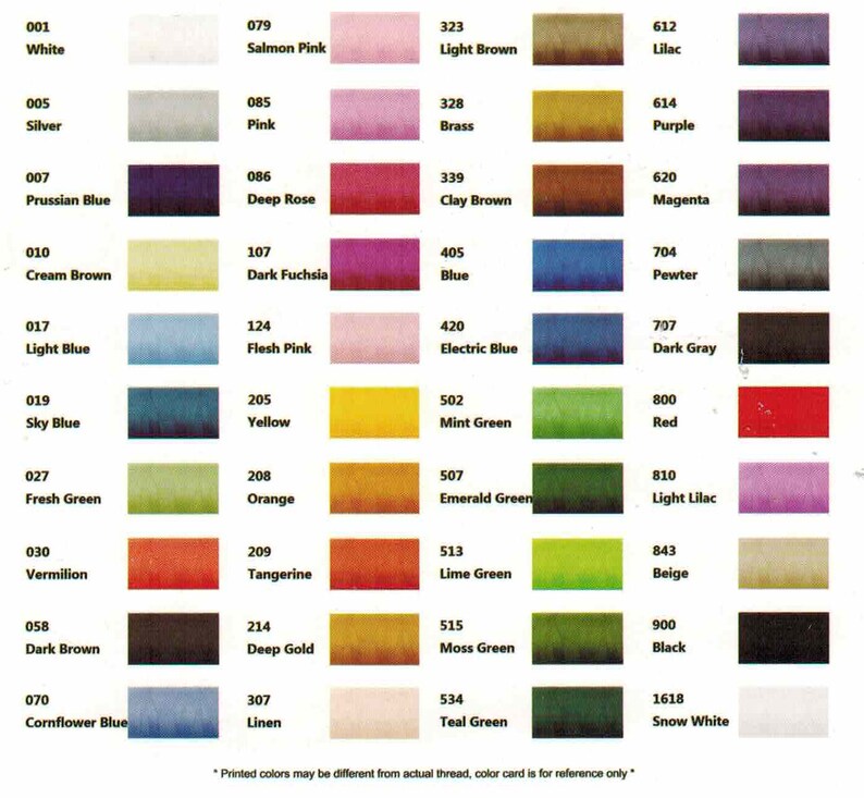 May include: A color chart with 24 rows of thread samples, each row labeled with a number and a color name. The colors include white, silver, Prussian blue, cream brown, light blue, sky blue, fresh green, vermilion, dark brown, cornflower blue, salmon pink, pink, deep rose, dark fuchsia, flesh pink, yellow, orange, tangerine, deep gold, linen, light brown, brass, clay brown, blue, electric blue, mint green, emerald green, lime green, moss green, teal green, lilac, purple, magenta, pewter, dark gray, red, light lilac, beige, black, and snow white.