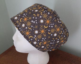 Scrub cap- Scrub hat- Surgical healthcare veterinary dentistry catering PPE.  Elasticated back.  Sun moon stars on brown