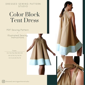 Halter Neck Color Block Tent Dress PDF Sewing Pattern | Sizes EU34-42 UK8-16  US4-12 | Digital PDF | Instant Download