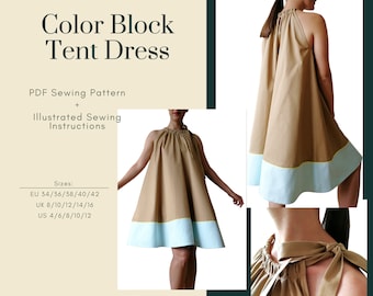 Neckholder Farbblock Zelt Kleid PDF Schnittmuster | Größen EU34-42 UK8-16 US4-12 | Digitales PDF | Sofortdownload