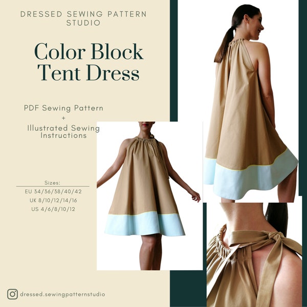 Halter Neck Color Block Tent Dress PDF Sewing Pattern | Sizes EU34-42 UK8-16  US4-12 | Digital PDF | Instant Download