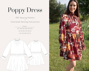 Weites Kleid PDF Schnittmuster | Poppy Kleid | Größen EU34-42 UK8-16 US4-12 | Digitales PDF | Sofort Download