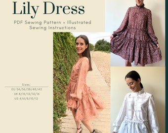 Knee Length Ruffle Dress PDF Sewing Pattern | Lily Dress | Sizes EU34-42 UK8-16  US4-12 | Digital PDF | Instant Download