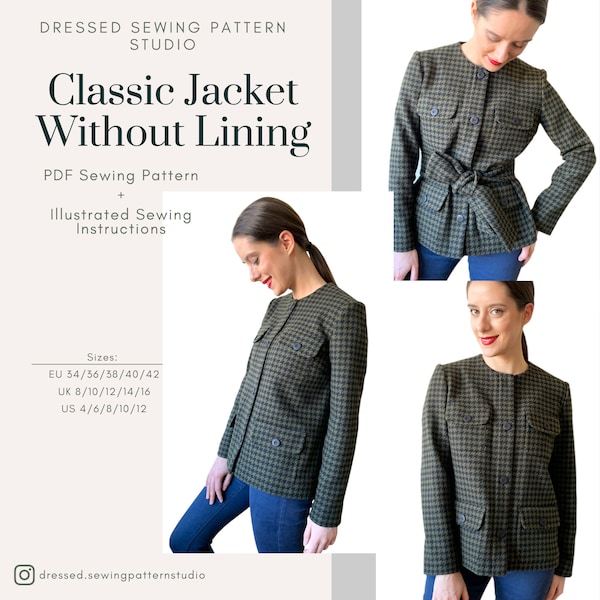 Classic Jacket PDF Sewing Pattern | Sizes EU34-42 UK8-16  US4-12 | Digital PDF | Instant Download