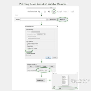 May include: A step-by-step guide on how to print from Adobe Acrobat Reader. The guide shows how to access the print settings, choose the print as image option, and select the paper size.