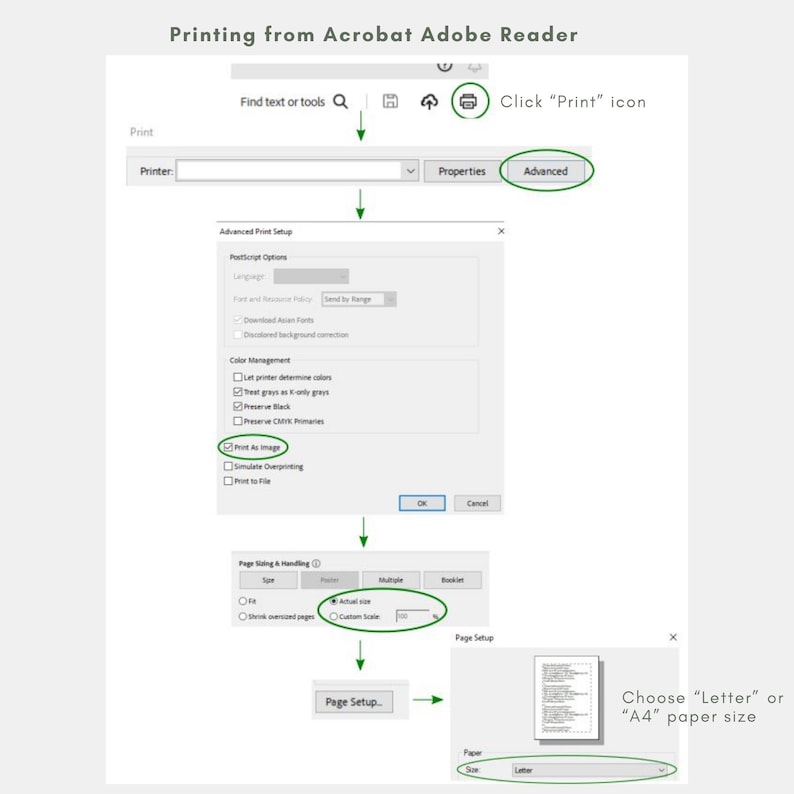 May include: A step-by-step guide on how to print from Adobe Acrobat Reader. The guide shows how to access the print settings, choose the print as image option, and select the paper size.