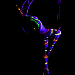 Neon Aerialist 1  Black light body paint downloadable digital photographic image.