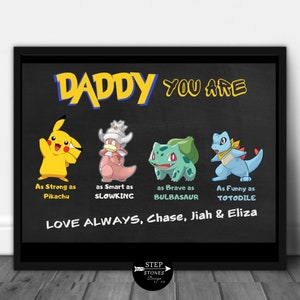 May include: A black chalkboard with a white frame features a colourful illustration of Pokemon characters. The text reads "Daddy You Are" and lists the Pokemon characters with descriptions such as "As Strong as Pikachu" and "As Smart as Slowking". The text "Love Always, Chase, Jiah & Eliza" is written below the illustrations.