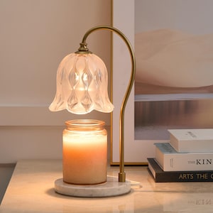 LUXGARDEN Embossed Glass Candle Warmer Lamp with Timer and Dimmer, White Marble Base