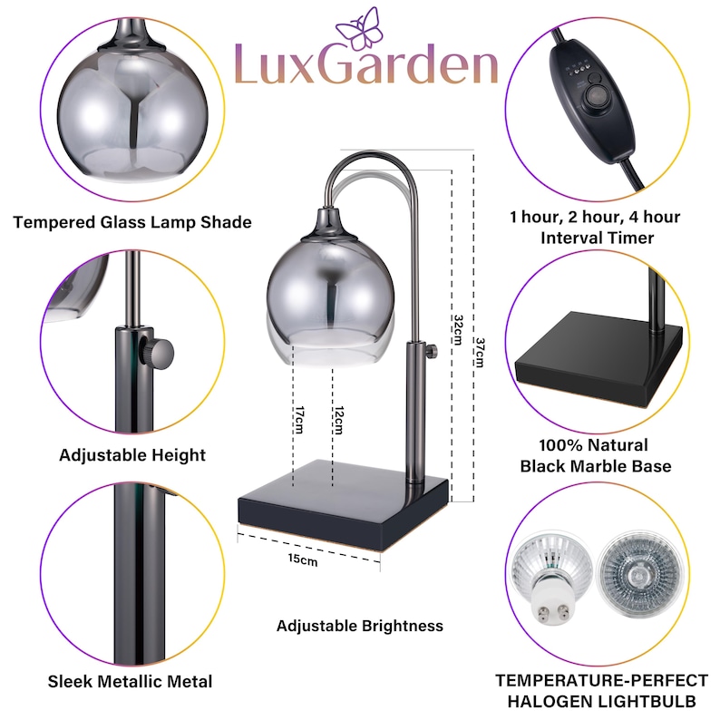 Puede incluir: Una l&aacute;mpara de mesa de metal negro con una pantalla de vidrio plateado y una base de m&aacute;rmol negro. La l&aacute;mpara tiene una altura y un brillo ajustables, y un temporizador con configuraciones de 1, 2 y 4 horas.