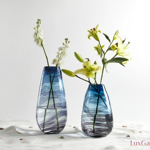 LUXGARDEN Vase, Hand Blown Glass Vase, Stained Glass Vase, Vase for Flowers, Vase Decor, Glass Ocean Waves, Midnight Sea Blue Waves Vase x 1