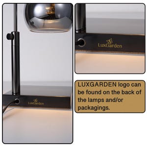 Puede incluir: L&aacute;mpara de mesa negra con una pantalla redonda de vidrio transparente. La l&aacute;mpara tiene una base de metal negro y un brazo de metal negro. La l&aacute;mpara est&aacute; encendida y la luz brilla a trav&eacute;s de la pantalla de vidrio. La l&aacute;mpara tiene un logotipo dorado en la base que dice "LuxGarden".